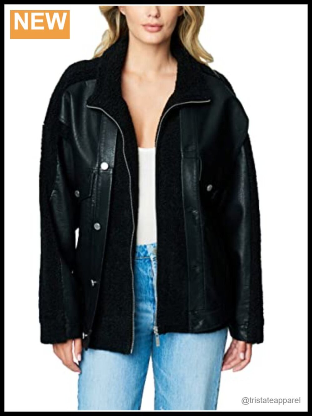 Sherpa Lined Vegan Leather Trucker Jacket with Zipper Closure